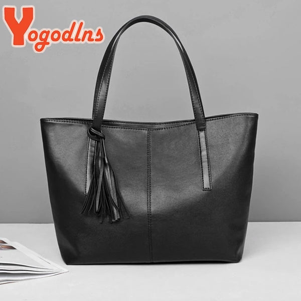 Yogodlns Drop Shipping Fashion Black Tote Bag For Women PU Leather Shoulder Bag Large Capacity Handle Bag Solid Color Handbags