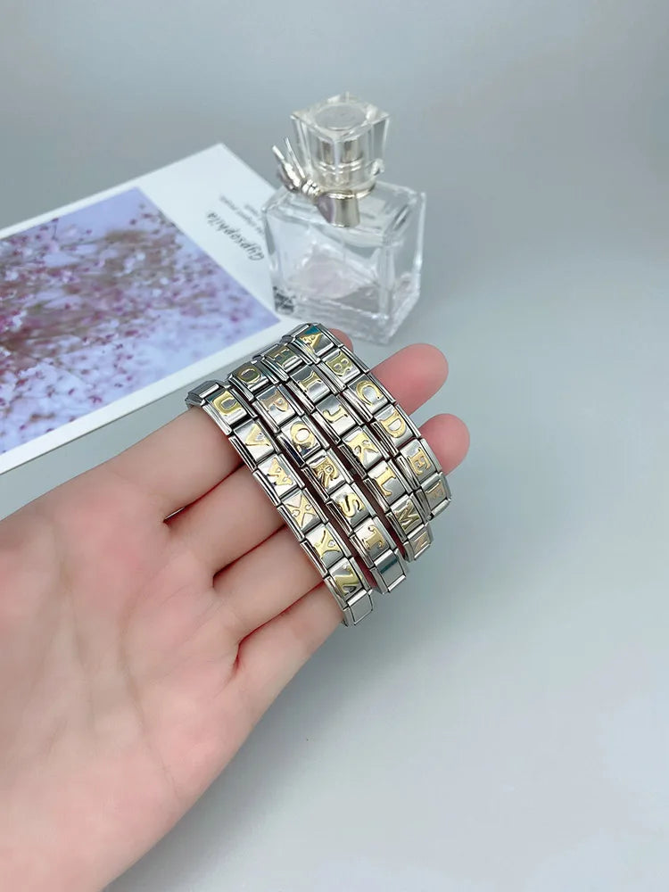 Hapiship 2024 New Fashion 26 English Letters Italian Charm Links Fit 9mm Stainless Steel Bracelet Making Women Jewelry DJ110