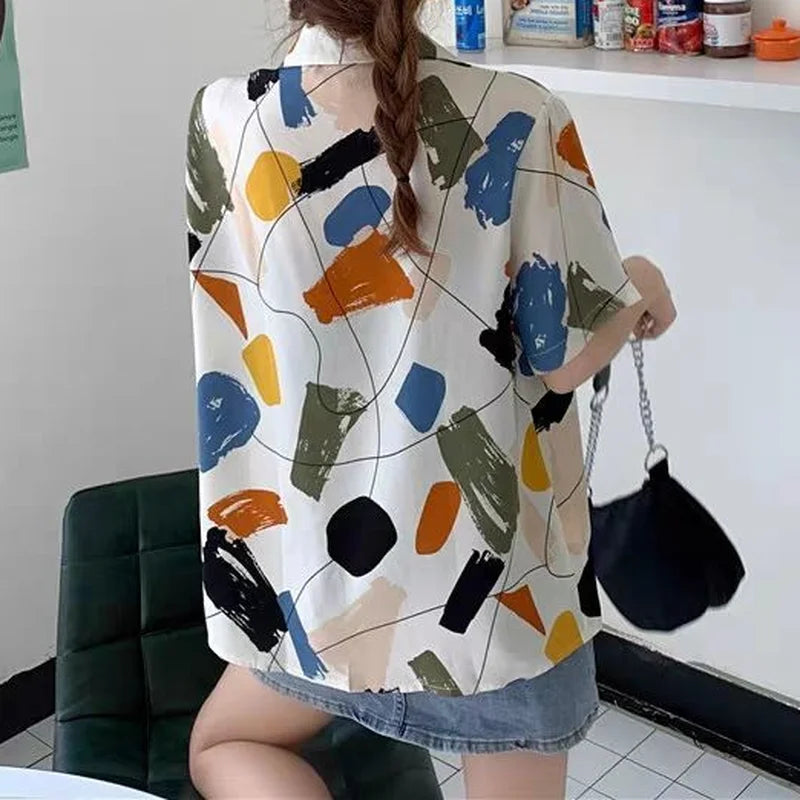 Shirts Women Panelled Geometric Single Breasted Simple Loose Streetwear Japanese Style Trendy Popular Harajuku Retro Female Ins