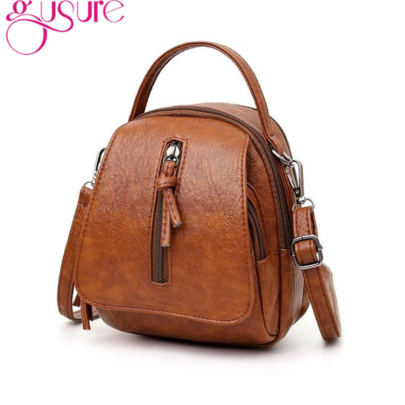 Gusure Vintage Soft Leather Shoulder Bags for Women Multi-compartment Female Handbags Small Crossbody Tote Zipper Bags