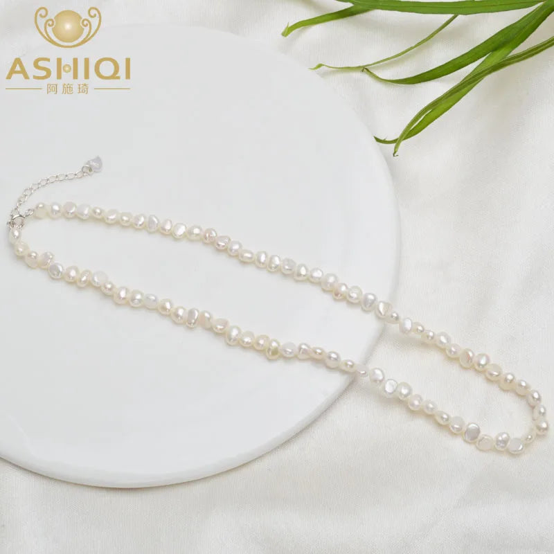 ASHIQI Natural Freshwater Pearl Choker Necklace Baroque Pearl Jewelry for Women Wedding 925 Silver Clasp Wholesale