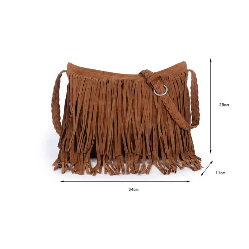 Women's Fringed Leather Shoulder Bag with Adjustable Knitting Strap Soft Ethnic Style PU Messenger Bag Solid Color 2022 New
