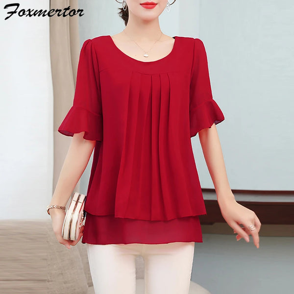 Women Chiffon Blouse Plus Size 4XL 5XL Shirt Ladies Tops Female Short Sleeve Office Lady Shirt Solid Female Clothing Blusas #28