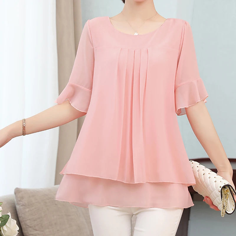 Women Chiffon Blouse Plus Size 4XL 5XL Shirt Ladies Tops Female Short Sleeve Office Lady Shirt Solid Female Clothing Blusas