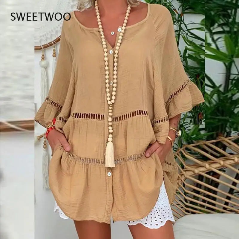 2021 New Hot Style Women's Three-Quarter Sleeve Cotton and Linen V-Neck Solid Color Loose Button Hollow Large Size Blouse