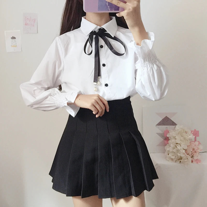 2023 New Spring Casual Women Shirts Y2k Long Sleeve Blouse Female Cute Uniform Bow Lace Up White blusas Tops roupa feminina