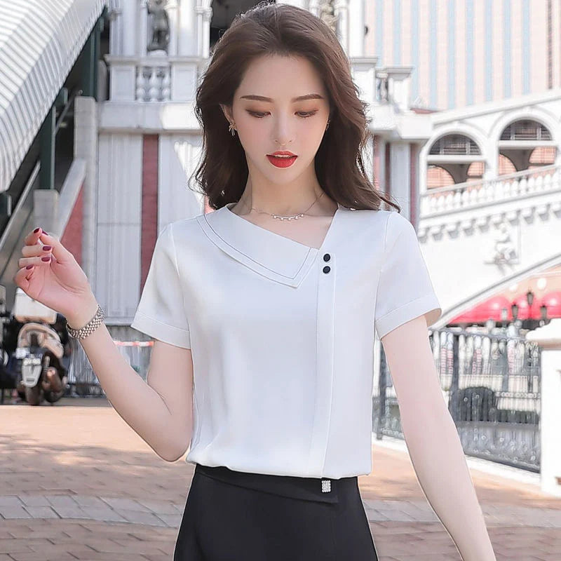 Women Spring Summer Style Chiffon Blouses Shirts Lady Casual Asymmetrical Collar Short Sleeve Chiffon Blusas Tops DF4028