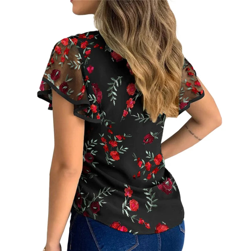 4 Styles Sexy Women Ladies Ruffle Sleeve Tops Pullover Dot Polk Embroidery Floral Print Blouse OL Casual Chiffon Jumper Tee