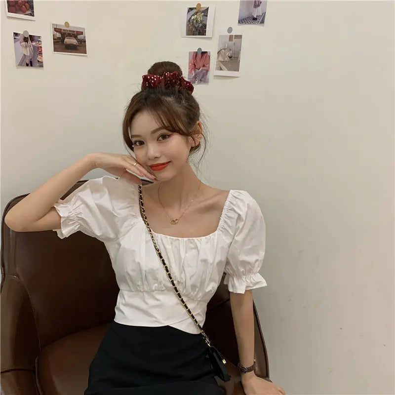 Lace up Backless Top Elegant Youth Woman Blouses Chic Fashion Short sleeve Summer Shirt Low cut Sexy 2022 New