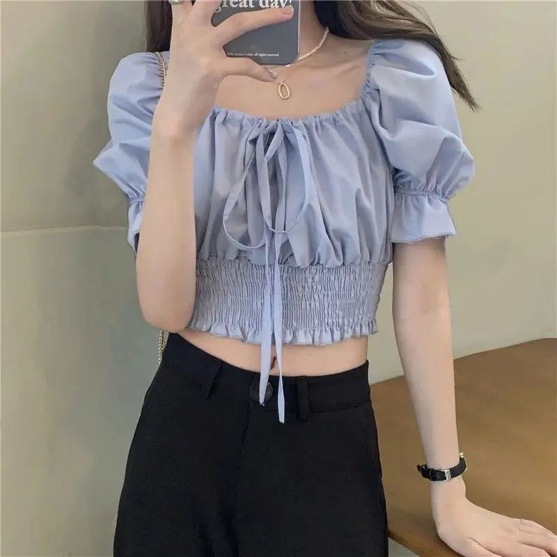 Summer Sweet Slim Folds Blouses Women Square Collar Puff Sleeve Sexy Gentle Crop Tops Simple Girls Lace-up Blusas Mujer Trendy