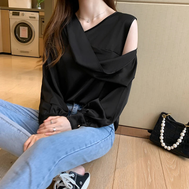 2021 Spring Elegant Satin Blouse Women Off-Shoulder Long Sleeve V-Neck Slim Chiffon Shirt Solid OL Tops Chemisier Femme 11202