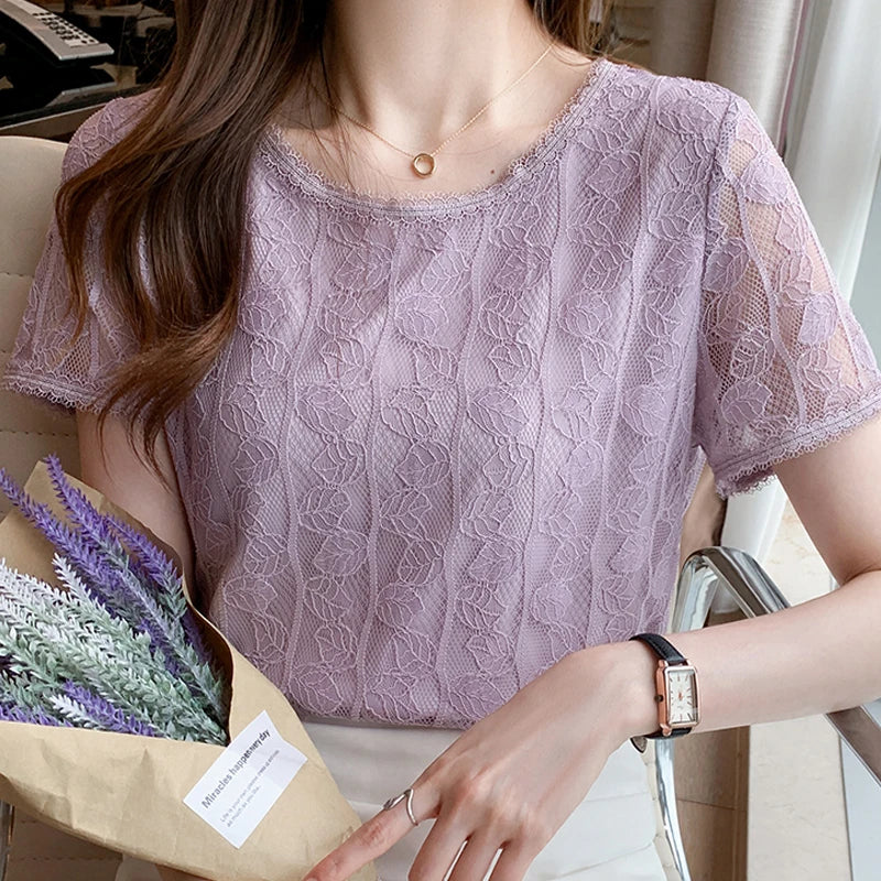 Summer Women Blouse Short Sleeve O-Neck Hollow Lace Blouse Shirt Blouse Women Blusas Mujer De Moda 2023 Blouses Top Femme E953