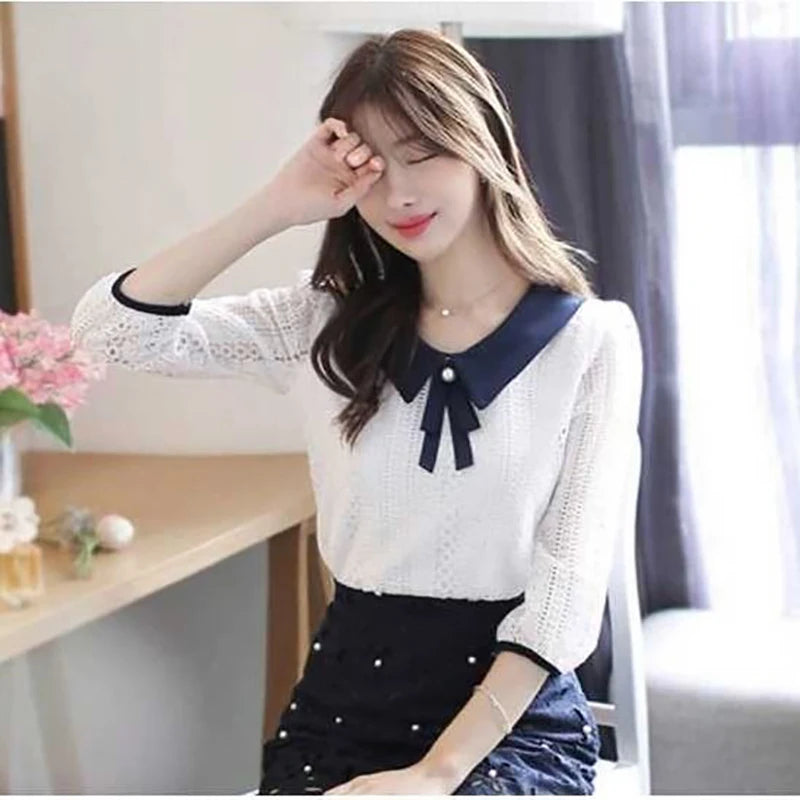 Women Spring Summer Style Chiffon Blouses Shirts Lady Casual Long Sleeve Peter Pan Collar Lace Blusas Tops DF3801