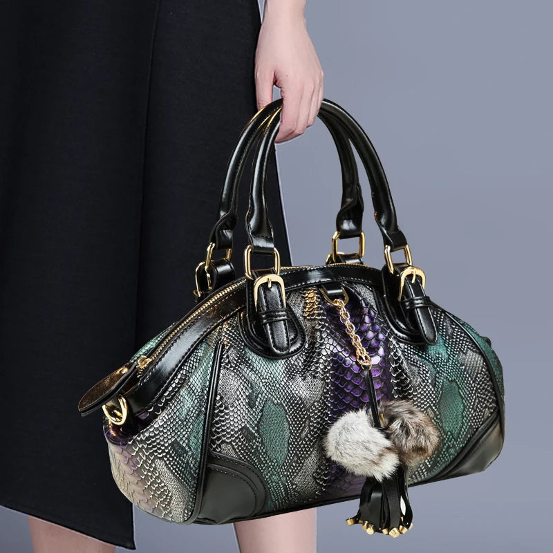 2023 New Fashion Women Handbag Tassel Dumpling Bag Female Soft Cowhide Leather Shoulder Messenger Bags Snake Pattern