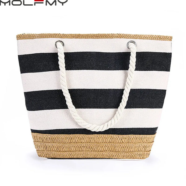 Striped Canvas Handbag For Women Large Capacity Hit Color Travel Shopping Bag For Female New Casual Tote Shoulder Beach Bag