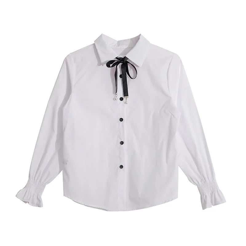 2023 New Spring Casual Women Shirts Y2k Long Sleeve Blouse Female Cute Uniform Bow Lace Up White blusas Tops roupa feminina