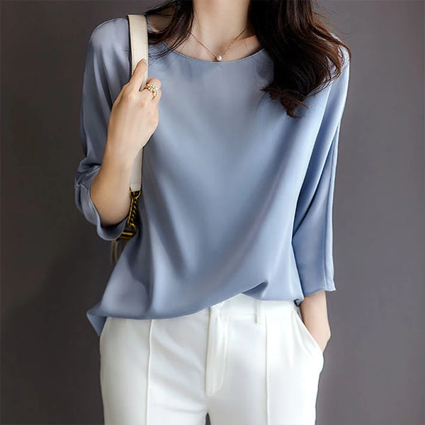 Women'S Spring Summer Style Silk Blouses Shirts Women'S Solid Color Long Sleeve O-Neck Korean Casual Tops SP685