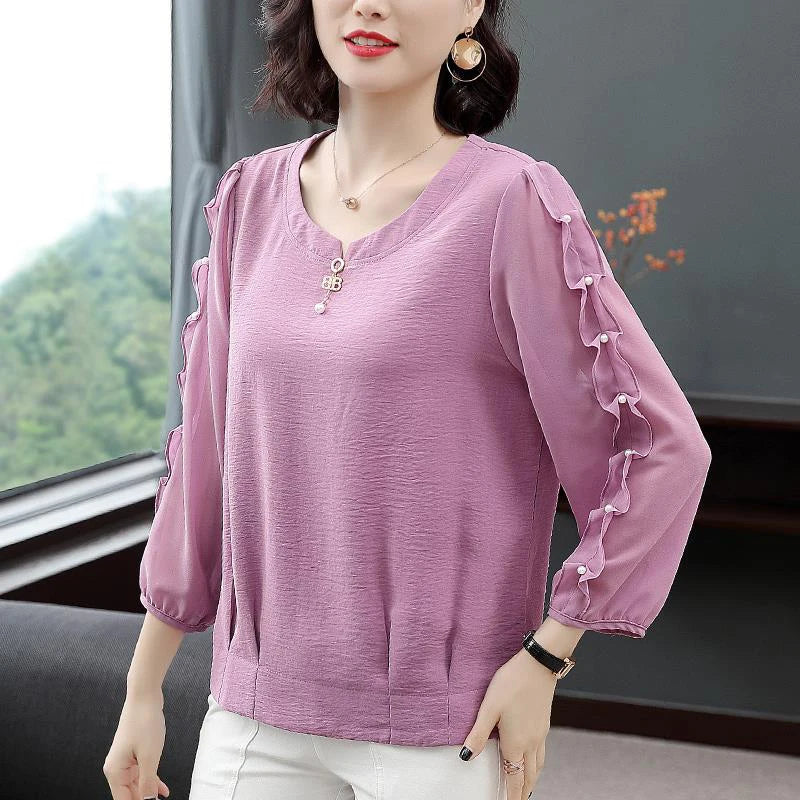 Women Spring Autumn Style Chiffon Blouses Shirts Lady Casual Loose Style Long Sleeve O-Neck Chiffon Blusas Tops DF3057