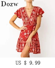 Women Dresses Summer 2024 Sexy V Neck Floral Print Boho Beach Dress Ruffle Short Sleeve A Line Mini Dress Wrap Sundress Robe