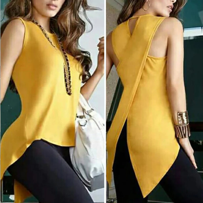 Hot apparel Tank Tops Summer Sexy Women Back Cross Irregular Solid Color Sleeveless Yellow Slim Tank Top Vest