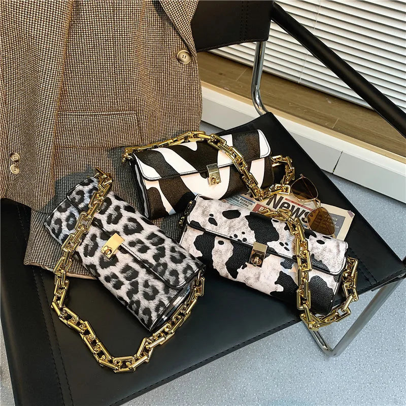 Soft Voluminous Clutch With Square Ring Chain Shoulder Pu Zebra Print Sling Bag Small Leopard Chain Fashion Handbags For Girl