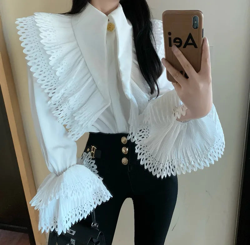 New Fashion Spring Fall White Black Chic Ruffles Lapel Women Blouse Slim Flare Sleeve Female Gold Button Casual Shirt Tops