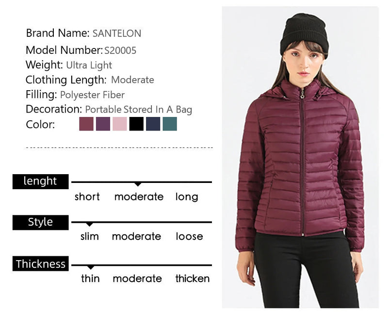 SANTELON Winter Parka Ultralight Padded Puffer Jacket For Women Coat With Hood Outdoor Warm Lightweight Outwear With Storage Bag