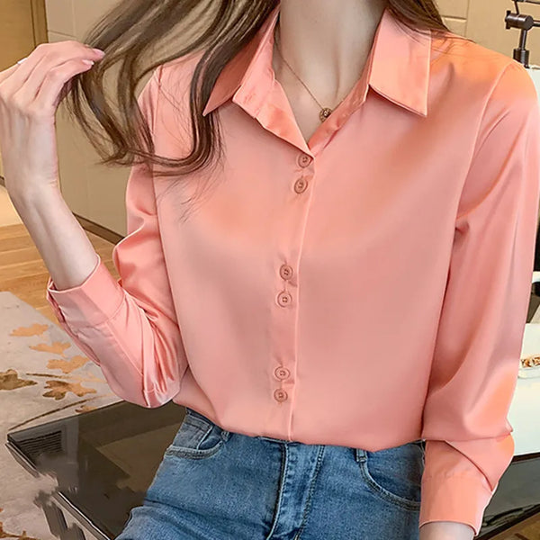 Women's Silk Shirts V-neck Solid Laides Tops Womens 2023 Autumn Fashion Satin Long Sleeve Blouses Button Up White OL Vintage Top