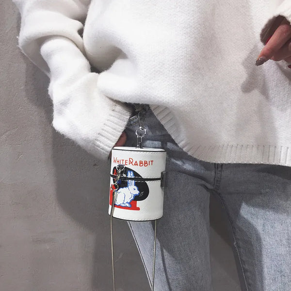 Mini Cylinder Shaped Shoulder Messenger Crossbody Bags For Women Cartoon White Rabbit Print Pu Chain Handbag With The Bucket