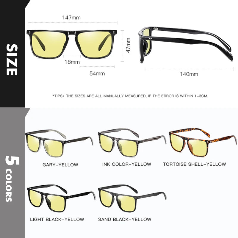 Brand Rivet Square Photochromic Sunglasses Men Polarized Women Driving Sun Glasses Day Night Vision Anti-Glare zonnebril heren