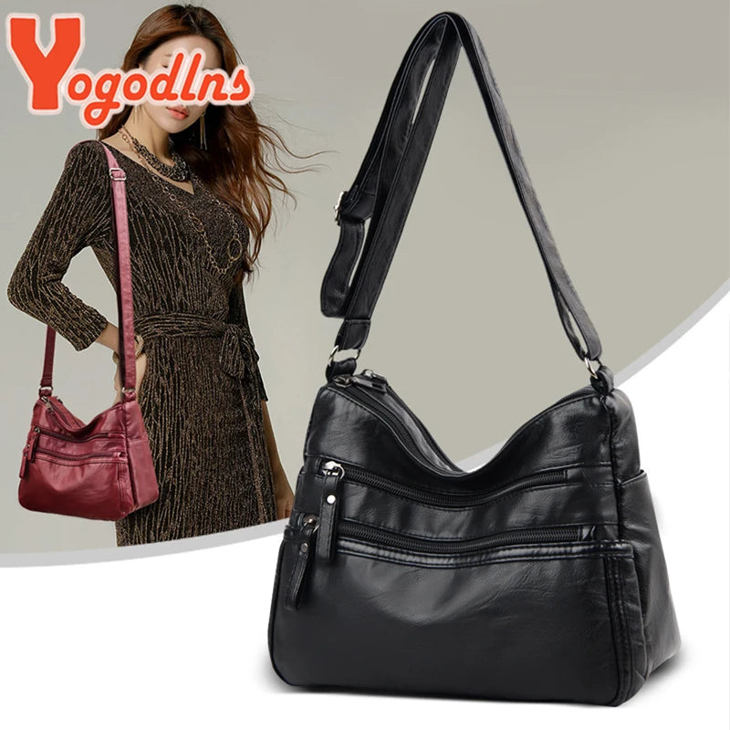 Yogodlns Vintage Shoulder Women's Bag Washed PU Leather Crossbody Bag Multifunction Messenger Bag Large Capacity Lady Handbag