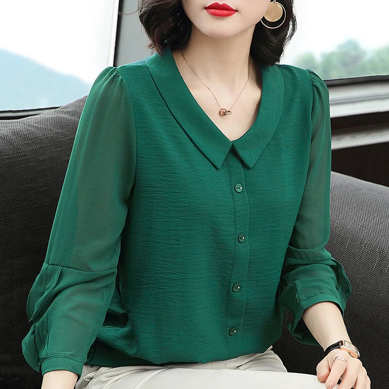 Women Spring Summer Style Chiffon Blouses Shirts Lady Casual Long Sleeve Peter Pan Collar Blusas Tops DF4033