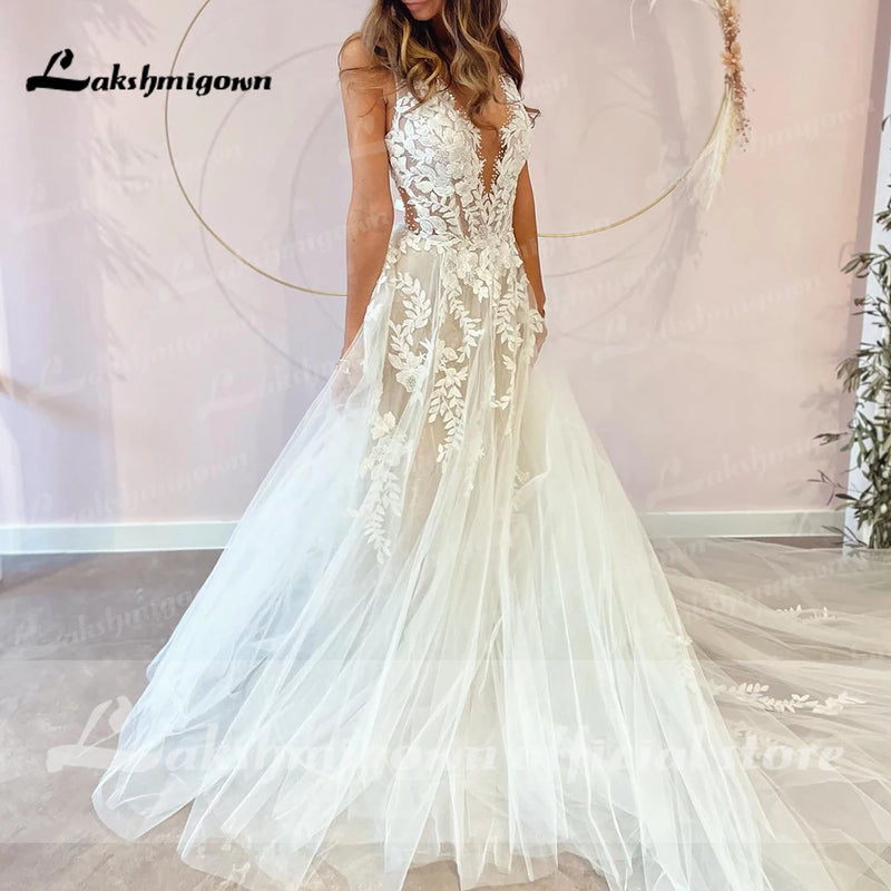 Sexy A-Line Backless Wedding Dress 2024 Vintage Lace Applique Beaded Off White Tulle Wedding Gowns Trouwjurk Long Bridal Dress