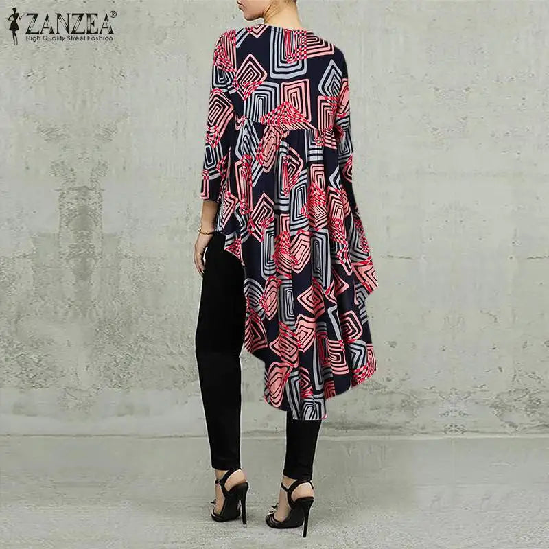 Women Casual Long Sleeve Blusa Irregular Blouse 2023 ZANZEA Elegant Geometric Printed Tops Female O Neck Tunic  Chemise