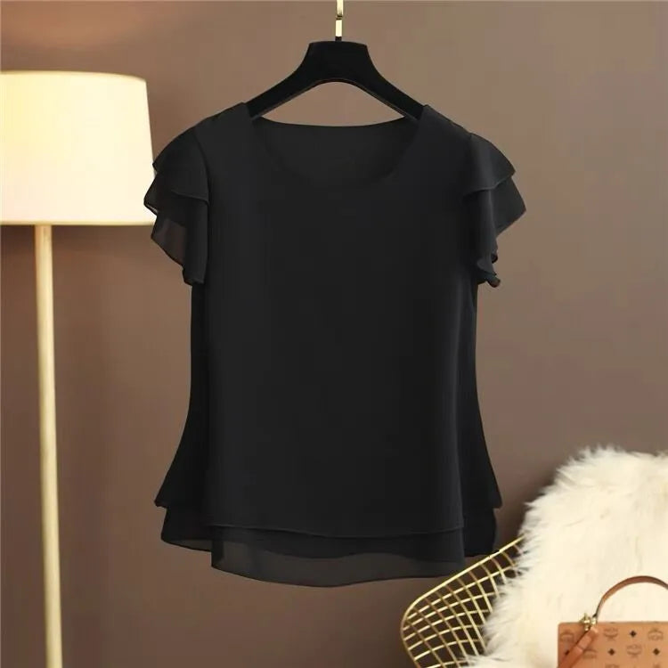 2024 New candy color Shirts womens tops blouses New Summer Women Blouse Loose Shirt O-Neck Chiffon Female Short Sleeve Blouse