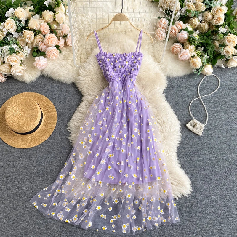 YuooMuoo Korean Fashion Daisy Flower Print Mesh Party Dress Summer Two Layers Spaghetti Strap Vacation Midi Dress Beach Vestidos