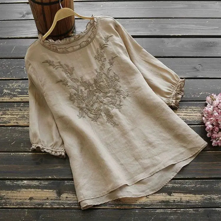 Cotton Linen Summer Top Plus size Shirt Elegant Female Blouse Women Ruffle Ladies Embroidered Tees Clothes Loose Casual