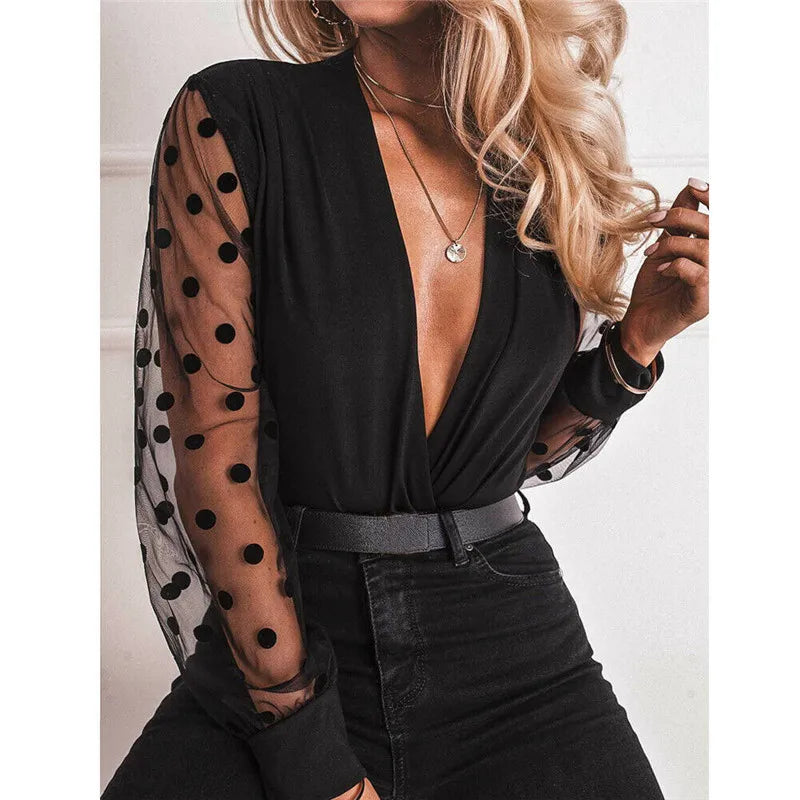 2020 women's blouse deep V-neck transparent polka dot mesh shirt Puff long sleeve top black shirt women's Sexy blouses