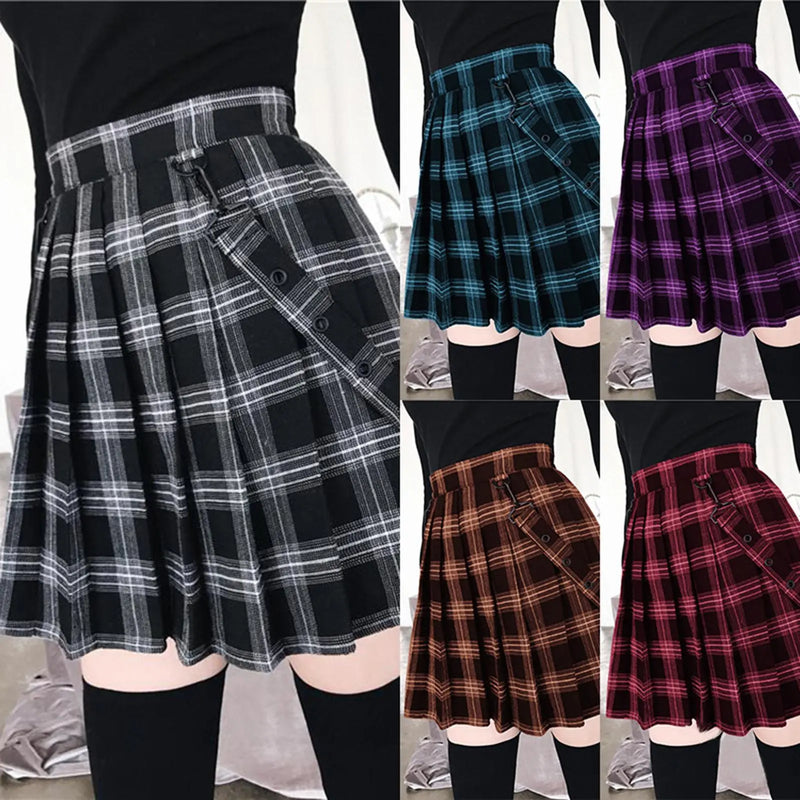 2020 Hot Sale Gothic Vintage Plaid Mini Skirt Women Suspender Strap Pleated A-line Skirts High Waist Casual Plus Size Faldas