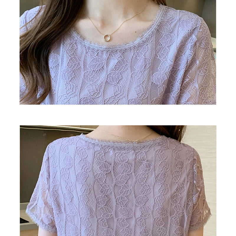 Summer Women Blouse Short Sleeve O-Neck Hollow Lace Blouse Shirt Blouse Women Blusas Mujer De Moda 2023 Blouses Top Femme E953