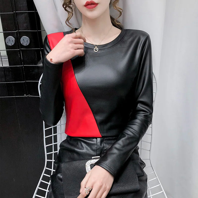 Winter Women's Blouse Leather Tops for Women Patchwork Oversize 4XL PU Leather Shirt Women Elastic Warm Velvet Top Women Shirts