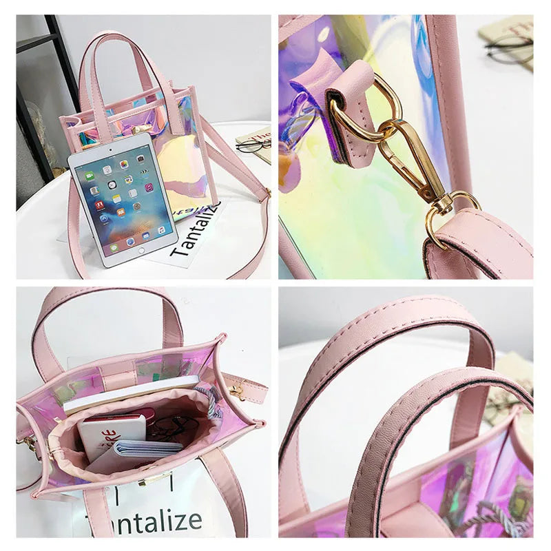 2023 New Summer transparent bag fashion ladies handbag 2 pcs Messenger Crossbody pack PVC Big Beach Shoulder bags for women