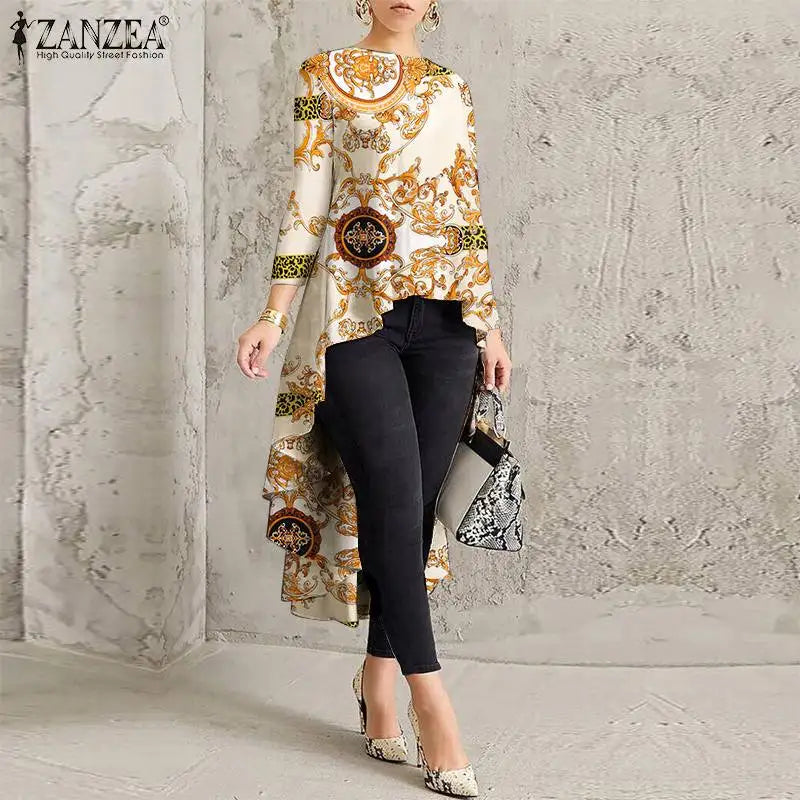 ZANZEA Stylish Asymmetrical Blouse Women Floral Printed Long Sleeve Shirt High Low Tops Oversized Autumn Bohemian Party Blusas