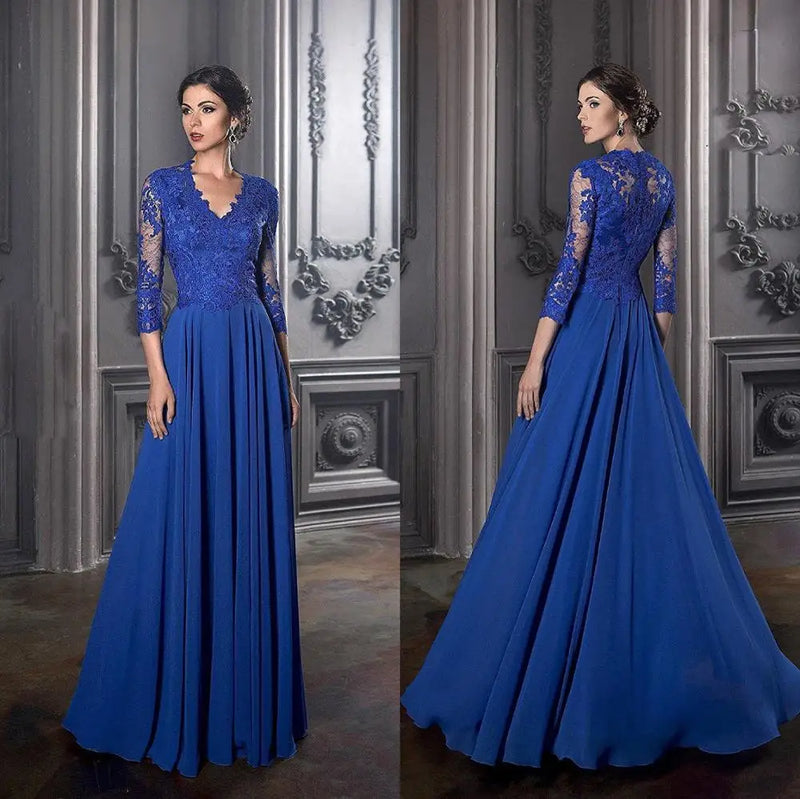 Elegant Blue Mother of the Bride Dresses Long Sleeves Lace Exquisite Chiffon A Line Wedding Party Guest Evening Prom Gowns 2024