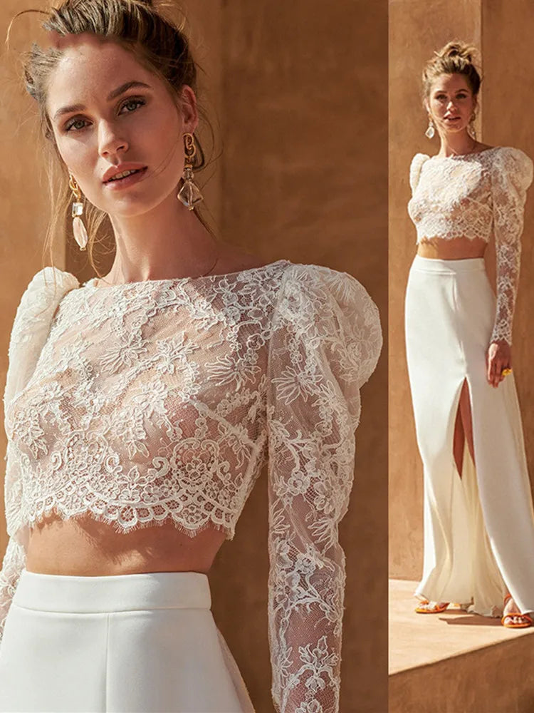 LSYX Boho Two Pieces Lace Top Long Puff Sleeves Wedding Dresses High Side Slit O-Neck Backless Sweep Train Princess Illusion