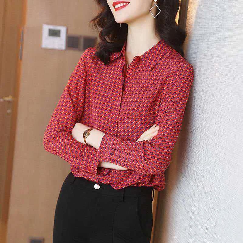 Women Spring Autumn Style Chiffon Blouses Shirts Lady Long Sleeve Turn-down Collar Plaid Printed Blusas Tops DF0010