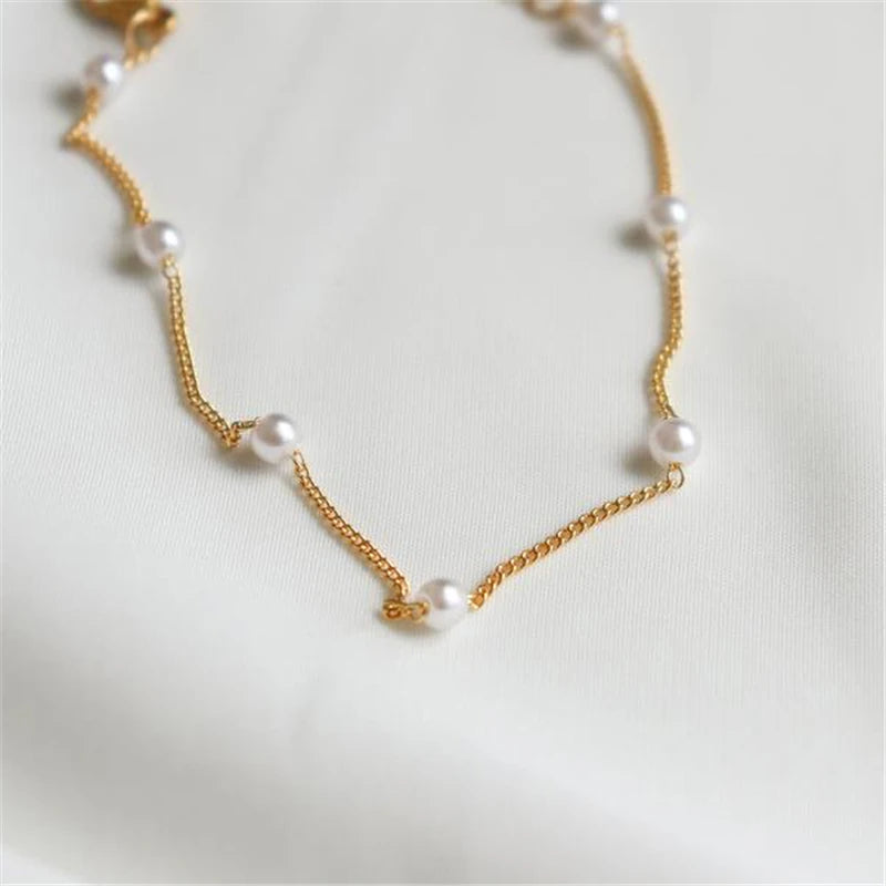14K Gold Filled Figaro Chain Bracelet Handmade Pearl Jewelry Boho Charms Bracelets Bridesmaid Gift Vintage Anklets for Women