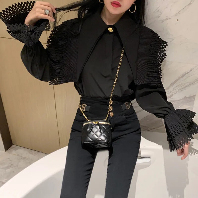 New Fashion Spring Fall White Black Chic Ruffles Lapel Women Blouse Slim Flare Sleeve Female Gold Button Casual Shirt Tops