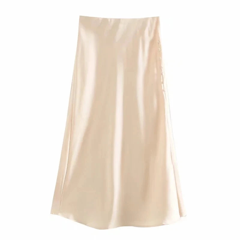 Summer Women Satin Elastic Waist Side Slit A-Line Skirt New Fashion Lady Button Decoration Falda Midi LUJIA ALAN P1597