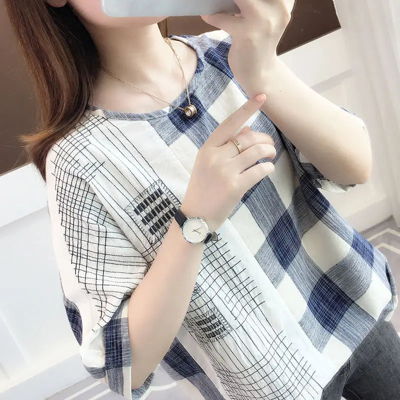 Shirts Women 2022 Ladies Tops Casual 100% Cotton Plaid Shirt Blouse Loose Plus Size Women Clothing Short Sleeve Summer White